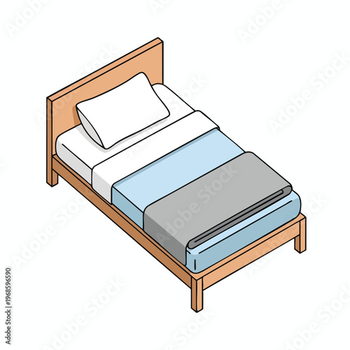 A simple wooden bed with white pillow, light blue sheets, and grey blanket