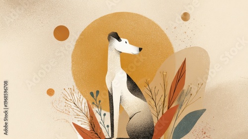 Dog sits among plants in art