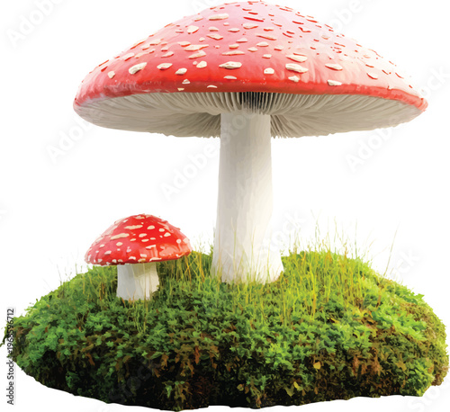 mushroom on moss, red cap, isolated on a transparent background