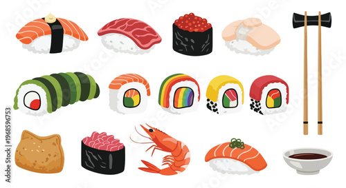 A vibrant collection of various Japanese sushi, maki rolls, sashimi, and nigiri with chopsticks and soy sauce.