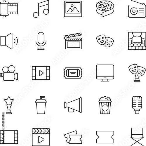 Entertainment media line vector icon set film clapperboard ticket popcorn