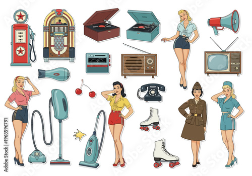 Retro 1950s Americana Sticker Set featuring Pin-up Women and Mid-Century Modern Icons
