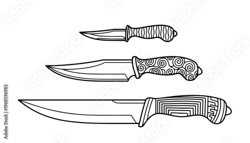 Isolated vector illustration of sharp steel knife and antique metal sword on white background.
