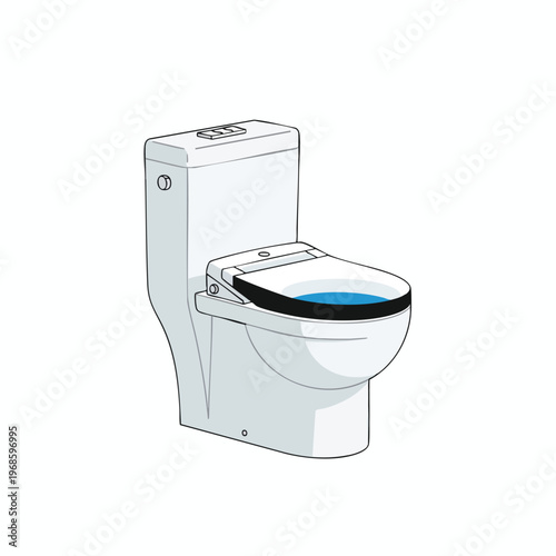 Modern white toilet with built-in bidet seat, black lid, and blue water