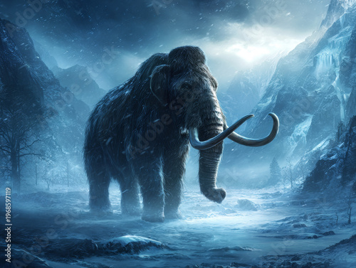 Woolly Mammoth in Ice Age Frozen Landscape: Prehistoric Extinct Relic of the Dinosaurs Era and Tundra Fantasy Scene with Giant Tusks and Frosty Glacier - Paleontology Art in Icy Winter Wildlife 