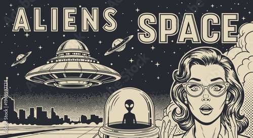 Retro Comic Style Sci-Fi Poster Featuring a Shocked Woman, Flying Saucers over a City, and Aliens from Outer Space with Vintage Halftone Details