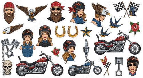 Biker Lifestyle Vector Graphics Collection featuring Chopper Motorcycles, Bearded Bikers, Female Riders in Helmets, Eagles, Skulls, and Old School Tattoo Elements