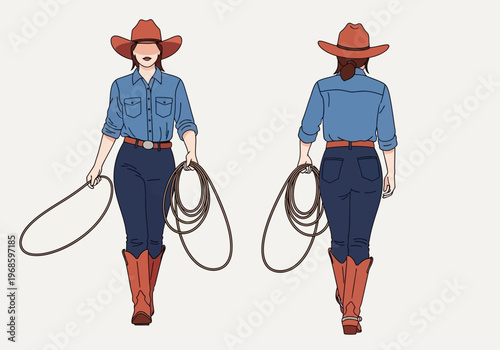 Minimalist Western Cowgirl Vector Illustration with Front and Rear View, Holding Lasso and Wearing Cowboy Hat and Boots