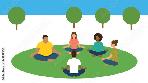Group Meditation Circle Outdoor Park Community Wellness Flat Vector