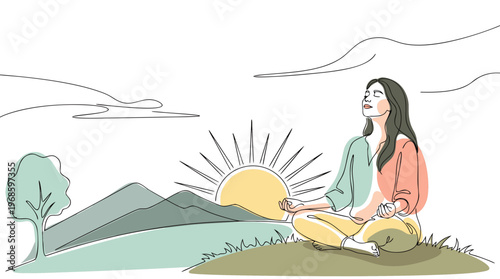 Woman Meditating Outdoor Nature Sunrise Boho Vector