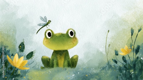 Frog  dragonfly in green