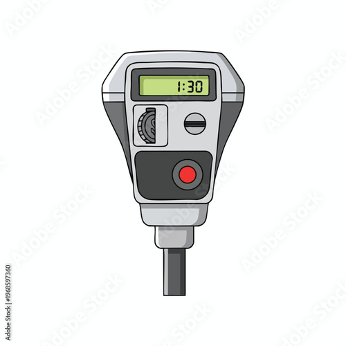Handheld parking meter with digital display showing 130, coin slot, and button