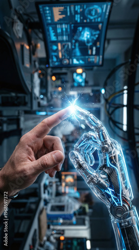 Vertical Close-up of Human Finger Touching Robot Hand with Blue Spark, Futuristic Concept of AI Integration and Digital Transformation