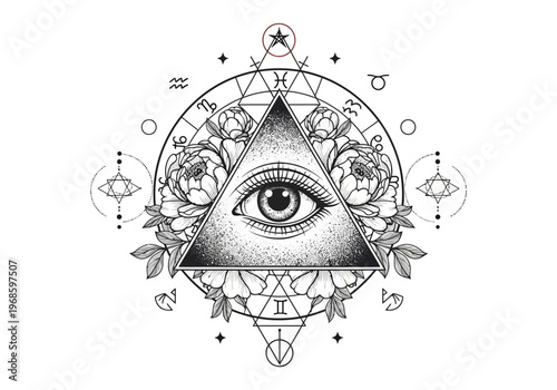 Mystical All Seeing Eye of Providence in Triangle with Flowers and Zodiac Symbols, Sacred Geometry Occult Tattoo Design