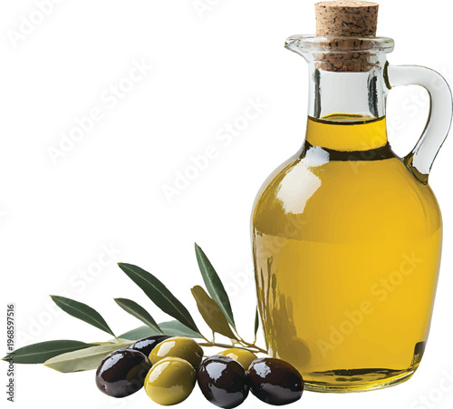 olive oil in a glass bottle with olives isolated on a white background
