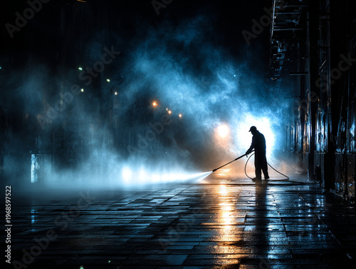 Dramatic Nighttime Street Cleaning: Silhouette of Worker Pressure Washing Wet Pavement in Eerie Urban Setting with Mist and Blue Light