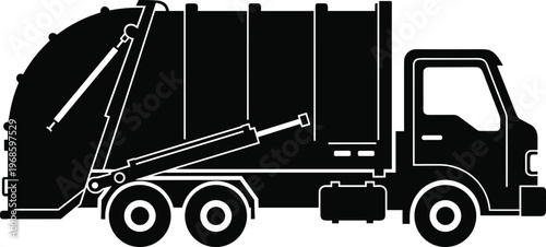 Garbage truck silhouette rear loader waste collection vehicle sanitation recycling transport municipal service cleaning equipment vector icon design