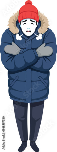 Man shivering intensely in winter clothing with arms crossed, feeling extreme.