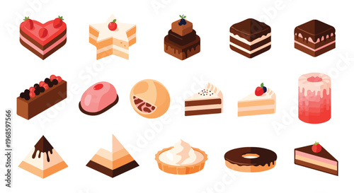 A diverse collection of sweet cakes and pastries in various shapes and designs, featuring chocolate, fruit, and cream toppings.