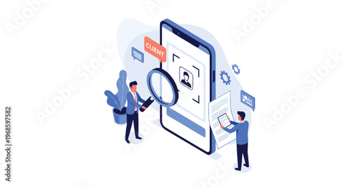 Professionals using a magnifying glass to verify client identity and search for user profiles on a large smartphone.