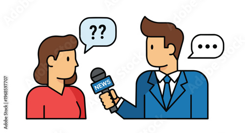 Illustration of a news reporter interviewing a woman with speech bubbles
