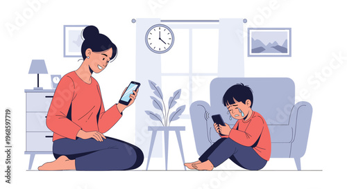 Young mother distracted by her smartphone while her crying son feels neglected and sad sitting on the living room floor.