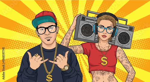 Pop Art Hip Hop Style Illustration of an Urban Couple with Boombox, Streetwear, and Tattoos on a Sunburst Background
