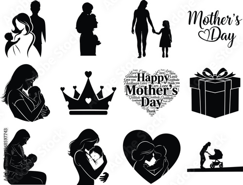 Silhouettes and symbols celebrating mother's day with love and affection