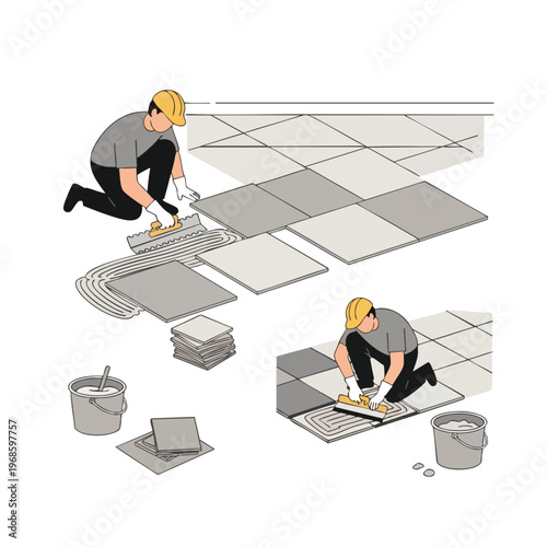 Worker laying tiles with trowel, bucket of grout, and stacks of tiles