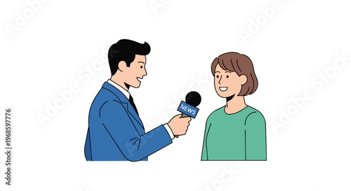 Male News Reporter Interviewing a Woman with Microphone