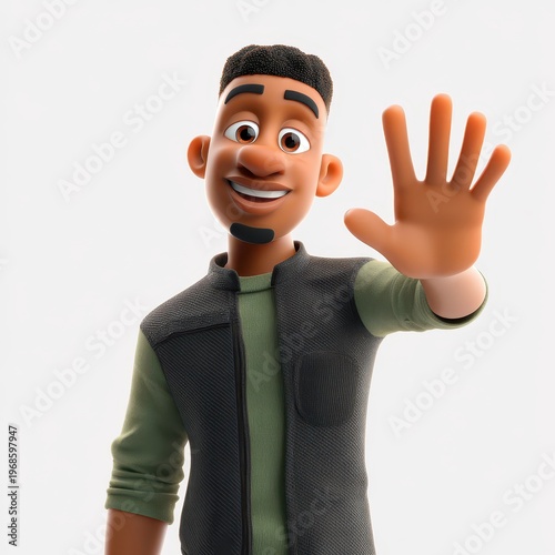Smiling 3D cartoon black man with a high five gesture in olive green shirt and black vest friendly greeting welcome character illustration