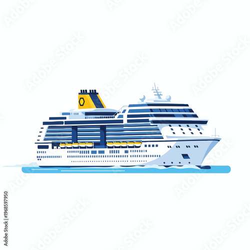 Stylized side view of a modern white cruise ship sailing on blue water