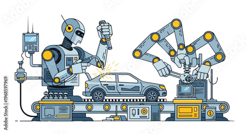 Automated Car Manufacturing Process with Robotic Arms on Assembly Line