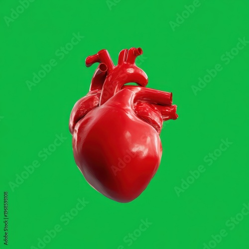 3D render human heart red organ on green screen isolated for medical anatomy cardiology healthcare education circulatory system illustration