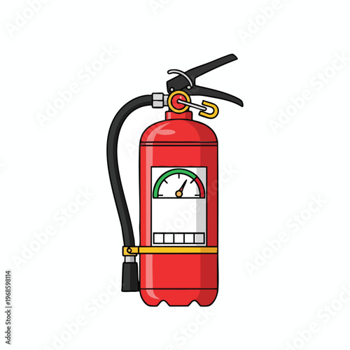 Red fire extinguisher with pressure gauge and black hose, isolated