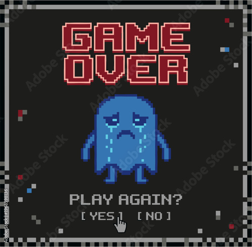 Retro game over screen with sad pixelated ghost character  