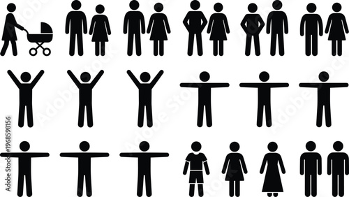Human silhouettes set people icons men women children various poses flat figures collection vector illustration isolated black design