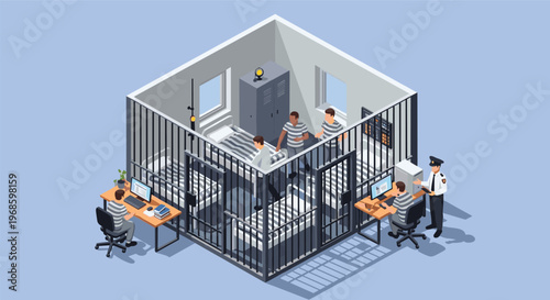 Inmates in a prison cell working at computer desks while a guard supervises the facility and inmate activities.