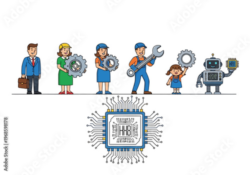 Teamwork and Technology Illustration: Diverse Professionals, Robot, and Microchip for Industry 4.0 and Engineering Concepts