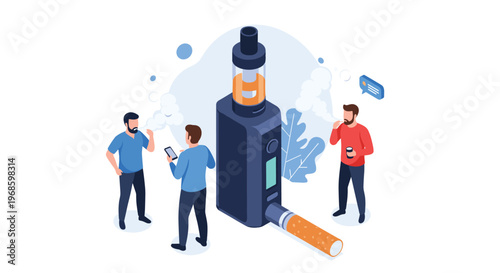 Three young men using electronic cigarettes and vaping devices in a social setting with smoke clouds around them.