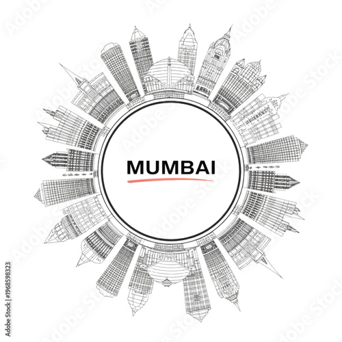 Mumbai city skyline vector illustration with famous Indian landmarks, circular urban architecture design and travel concept