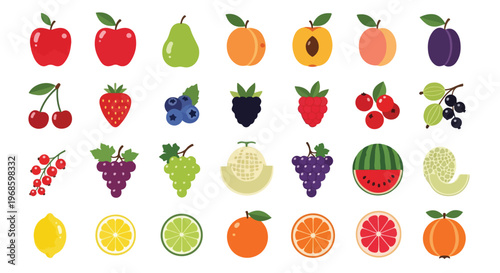 A vibrant collection of various whole and sliced fruits, depicted in a clean, flat vector illustration style on a white background.