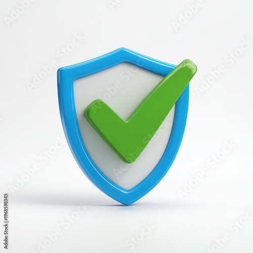 Blue shield with green checkmark for security privacy protection verification data safety virus cyber insurance 3D illustration