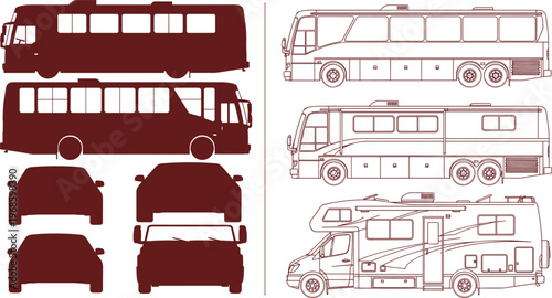 Bus and motorhome vehicle set vector illustration transport collection side front views public transit camper van detailed outline design