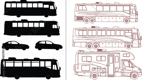 Bus car and motorhome silhouettes vector illustration transport vehicle set side views public transit camper van detailed outline design