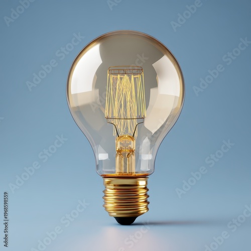 Vintage Edison style light bulb transparent glass with intricate filament and gold screw base for innovation and energy concepts on blue background