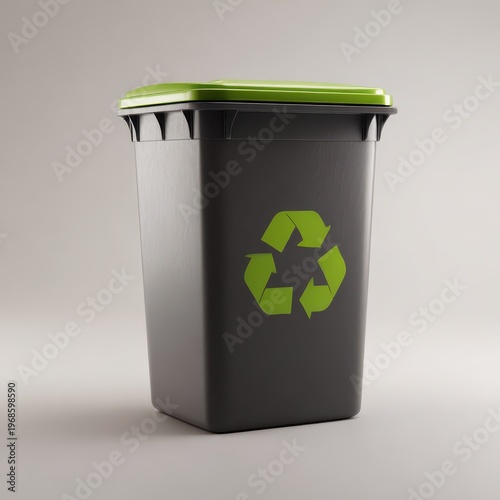 Black recycle bin with green lid and recycling symbol isolated on white background waste sorting garbage disposal eco friendly lifestyle environment protection