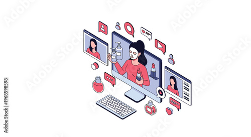 Beauty influencer creating a makeup tutorial video for her social media followers using professional cosmetic products.