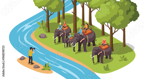 Tourists riding on elephants through a tropical forest and crossing a river during an adventure safari tour.