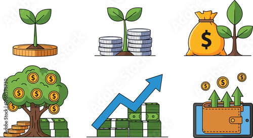 Financial Growth and Investment Success Vector Icon Set Featuring Money Tree, Sprouting Coins, Cash Bag, Profit Growth Arrow, and Digital Wallet Assets